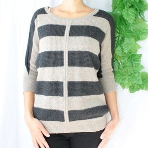 Ann Taylor Gray & Tan Striped Dolman 3/4 Sweater
